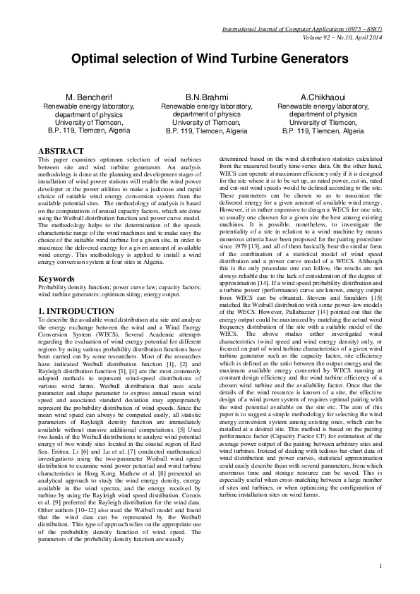 (PDF) Optimal selection of Wind Turbine Generators Mohamed Bencherif Academia.edu