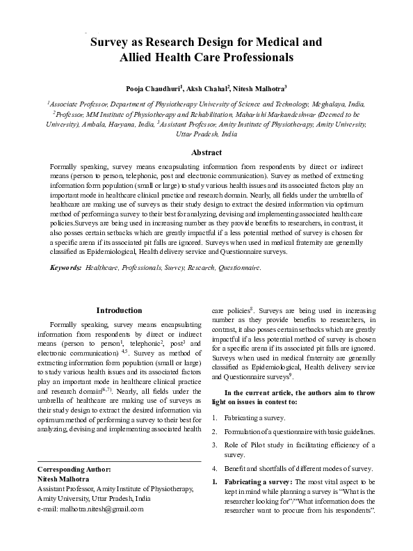 (PDF) Survey as Research Design for Medical and Allied Health Care ...