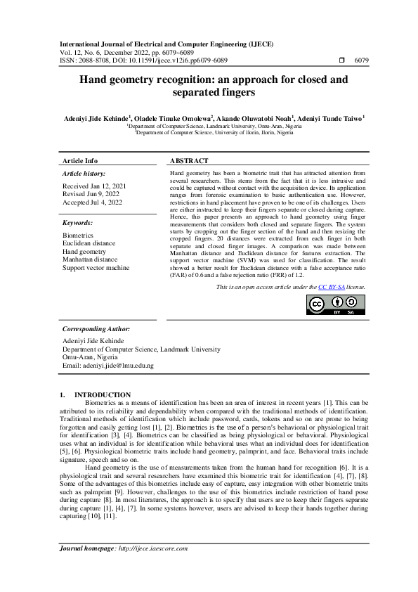 Hand geometry recognition: an approach for closed and separated fingers