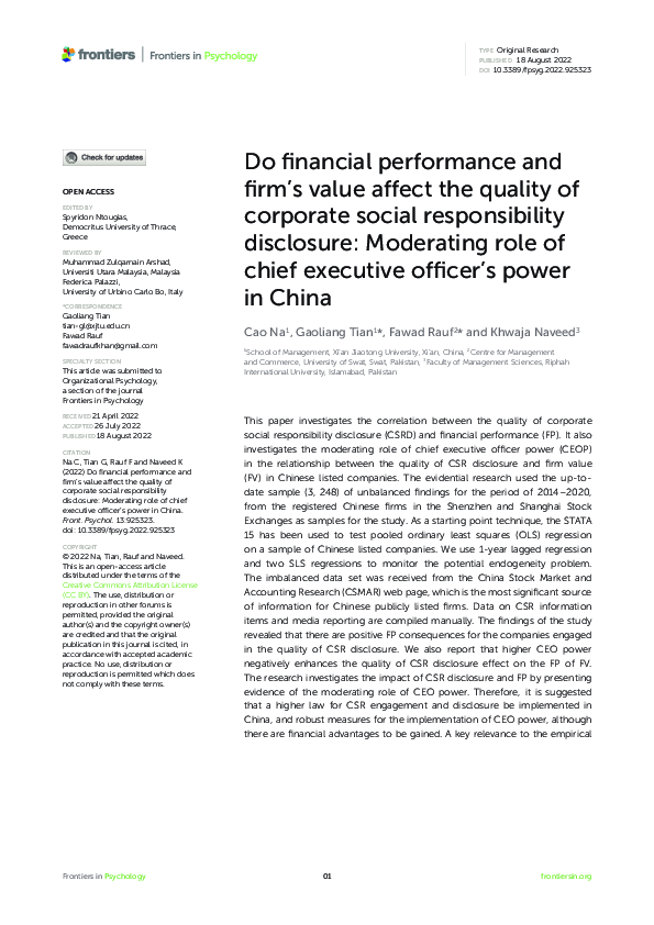(PDF) Do financial performance and firm’s value affect the quality of ...