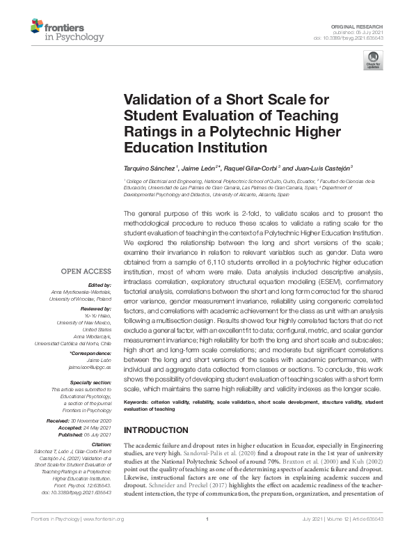 (PDF) Validation of a Short Scale for Student Evaluation of Teaching ...