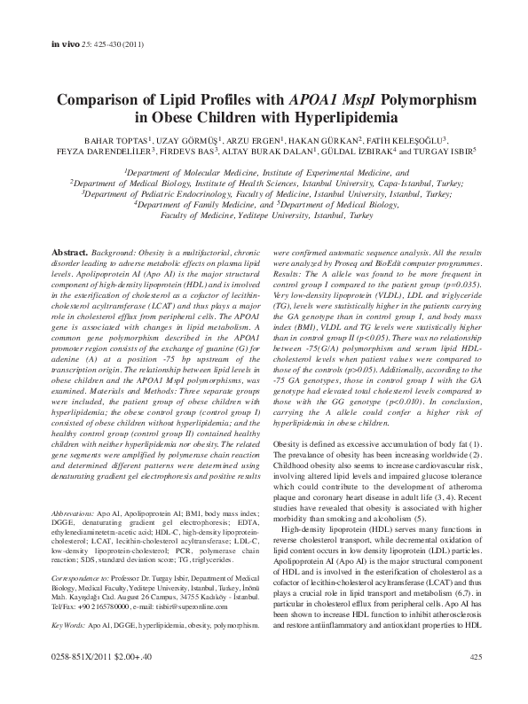 (PDF) Comparison of lipid profiles with APOA1 MspI polymorphism in ...