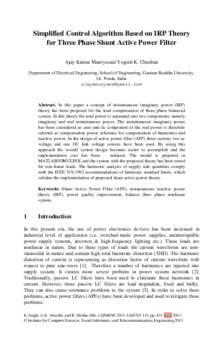 (PDF) Simplified Control Algorithm Based on IRP Theory for Three Phase ...