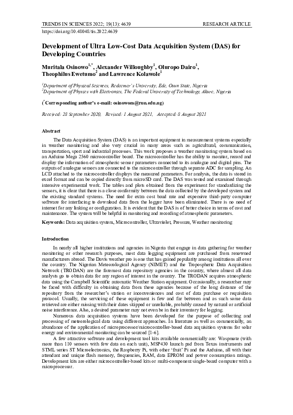 (PDF) Development of Ultra Low-Cost Data Acquisition System (DAS) for ...