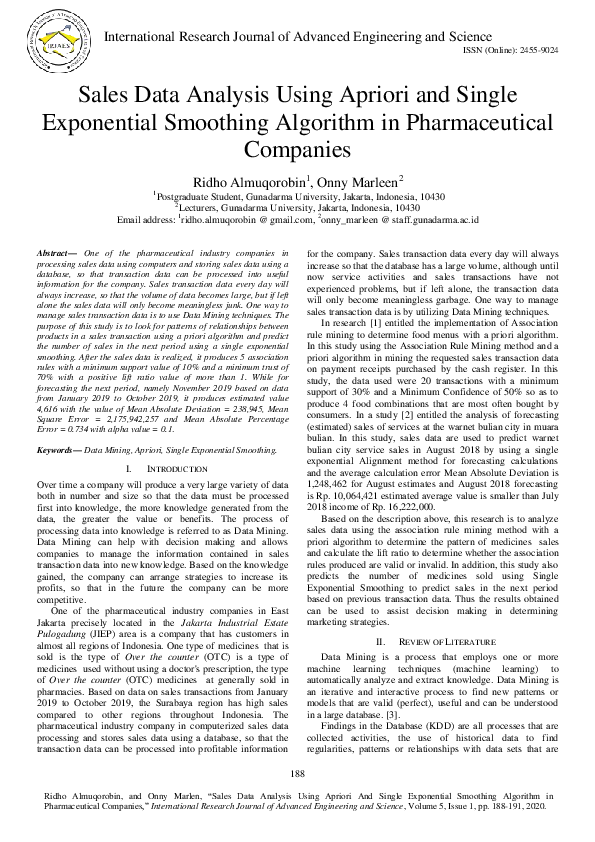 (PDF) Sales Data Analysis Using Apriori and Single Exponential ...