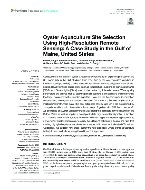 (PDF) Oyster Aquaculture Site Selection Using High-Resolution Remote ...