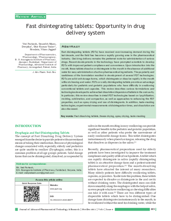 (PDF) Fast disintegrating tablets: Opportunity in drug delivery system