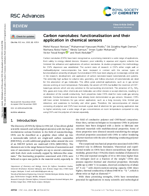 (PDF) Carbon nanotubes: functionalisation and their application in ...