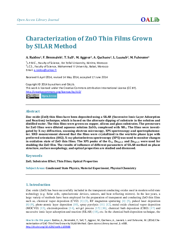 (PDF) Characterization of ZnO Thin Films Grown by SILAR Method