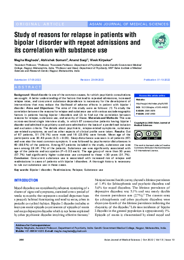 (PDF) Study of reasons for relapse in patients with bipolar I disorder ...