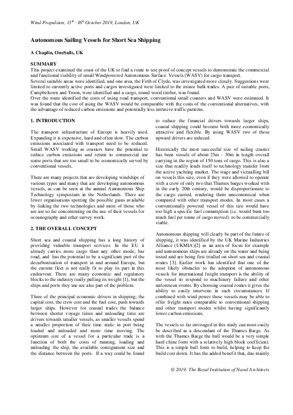 (PDF) Autonomous Sailing Vessels for Short Sea Shipping | Wilf Chaplin ...