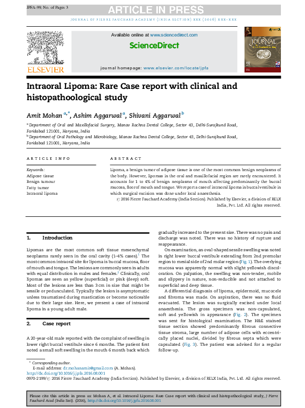 (PDF) Intraoral Lipoma Rare Case report with clinical and