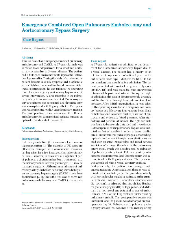 (PDF) Emergency combined open pulmonary embolectomy and aortocoronary ...