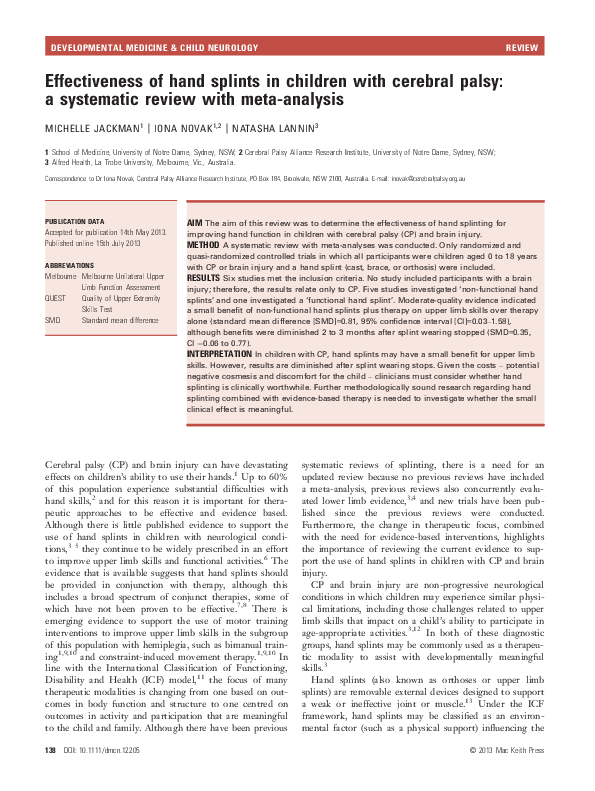 (PDF) Effectiveness of hand splints in children with cerebral palsy: a ...