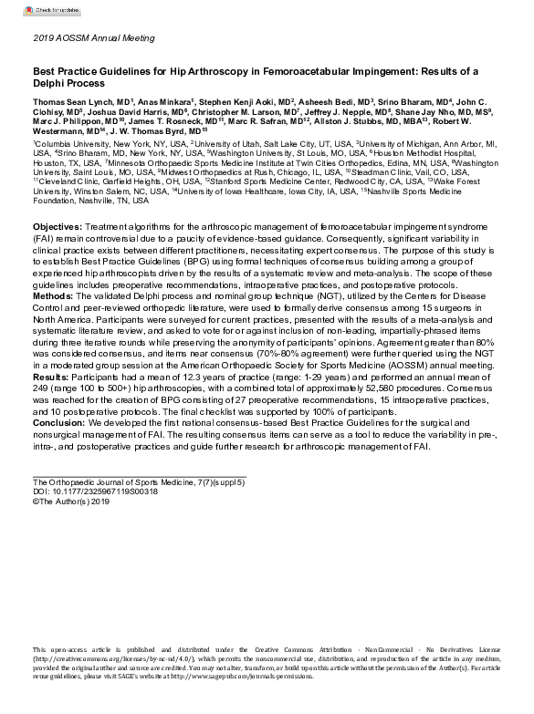  PDF Best Practice Guidelines For Hip Arthroscopy In Femoroacetabular Impingement Results Of A 