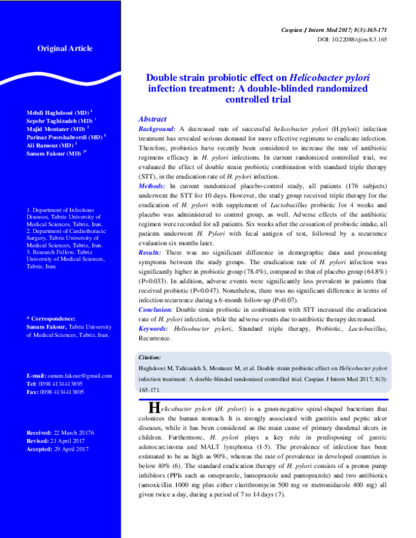 (PDF) Double strain probiotic effect on Helicobacter pylori infection ...