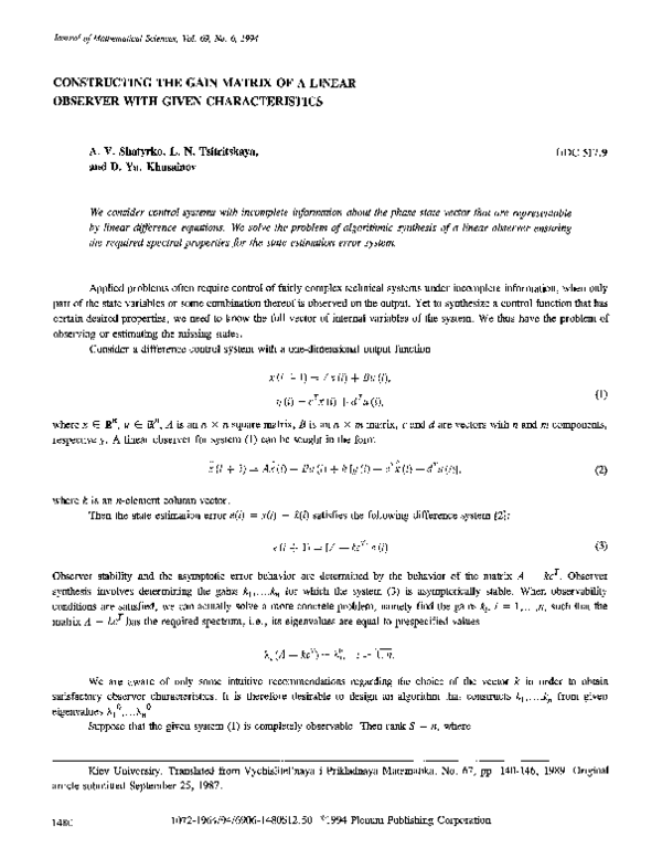 (PDF) Constructing the gain matrix of a linear observer with given ...
