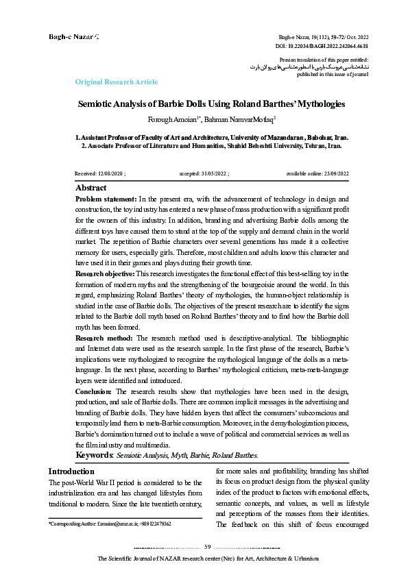 (PDF) Semiotic Analysis of Barbie Dolls Using Roland Barthes