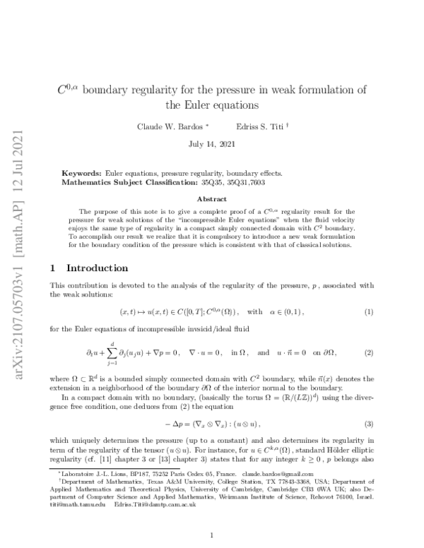 (PDF) $C^{0,α}$ boundary regularity for the pressure in weak ...