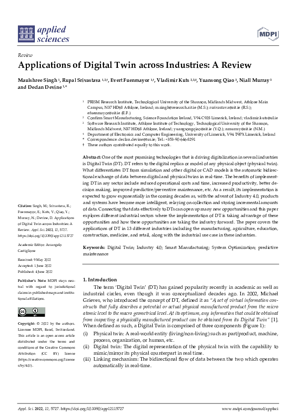 (PDF) Applications of Digital Twin across Industries: A Review