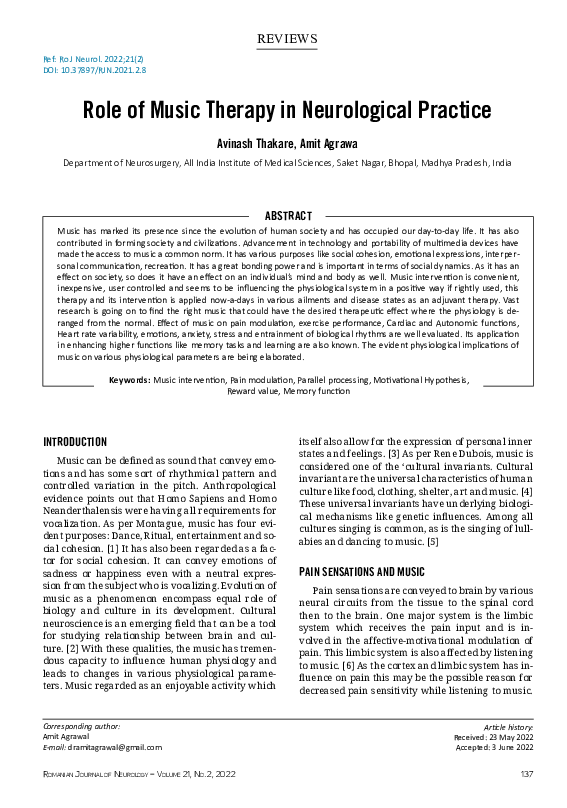 (PDF) Role of music therapy in neurological practice