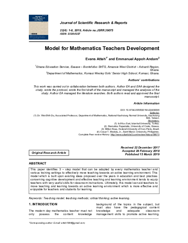 (PDF) Model for Mathematics Teachers Development