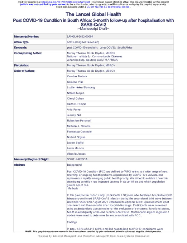 (PDF) Post COVID-19 Condition in South Africa: 3-Month Follow-Up after ...