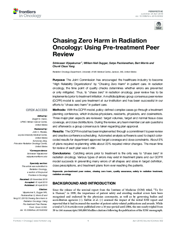 (PDF) Chasing Zero Harm in Radiation Oncology: Using Pre-treatment Peer ...