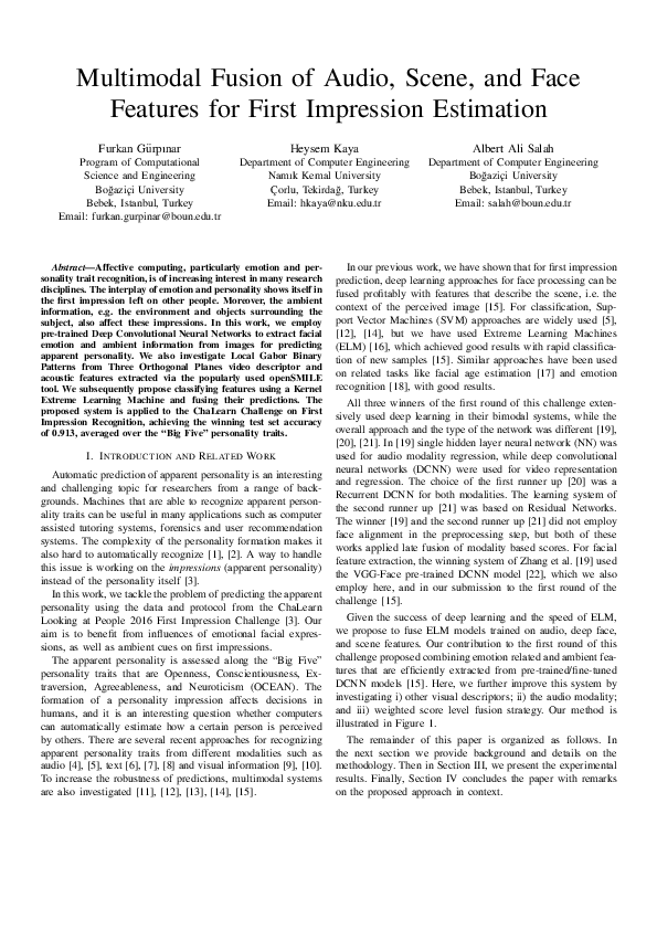 (PDF) Multimodal fusion of audio, scene, and face features for first ...