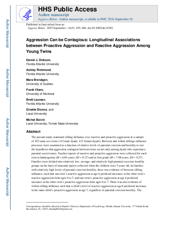 (PDF) Aggression can be contagious: Longitudinal associations between ...