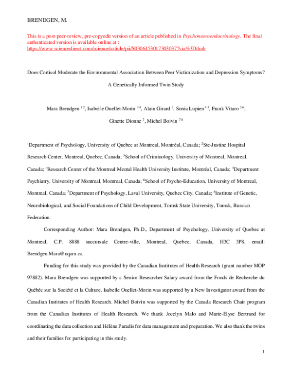  PDF Does Cortisol Moderate The Environmental Association Between Peer Victimization And 