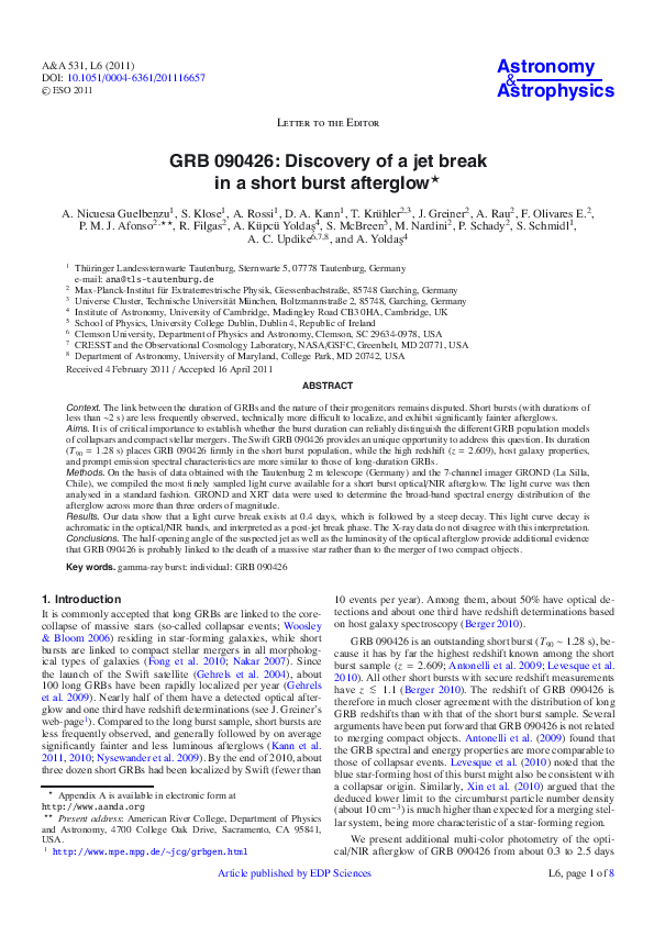 (PDF) GRB 090426: Discovery of a jet break in a short burst afterglow