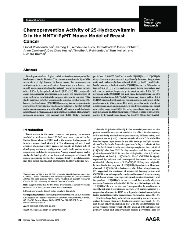 (PDF) Chemoprevention activity of 25hydroxyvitamin D in the MMTVPyMT mouse model of breast