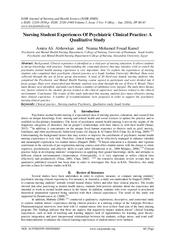 (PDF) Nursing Student Experiences Of Psychiatric Clinical Practice : A ...