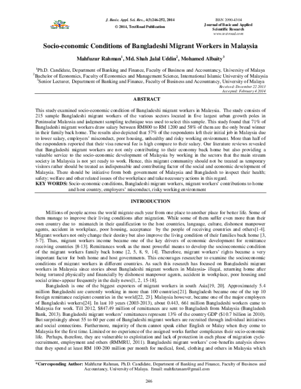 (PDF) Socio-economic Conditions of Bangladeshi Migrant Workers in Malaysia