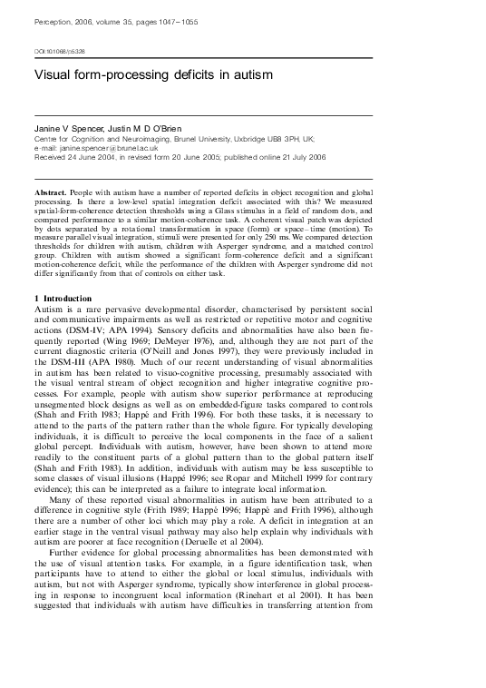 (PDF) Visual Form-Processing Deficits in Autism | Justin O'Brien ...