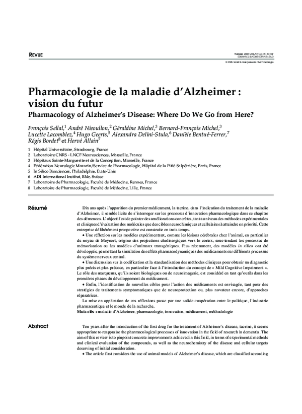 (PDF) Pharmacologie de la maladie d’Alzheimer : vision du futur