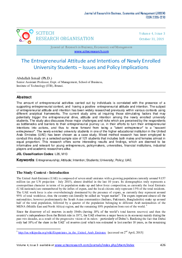 (PDF) The Entrepreneurial Attitude and Intentions of Newly Enrolled ...