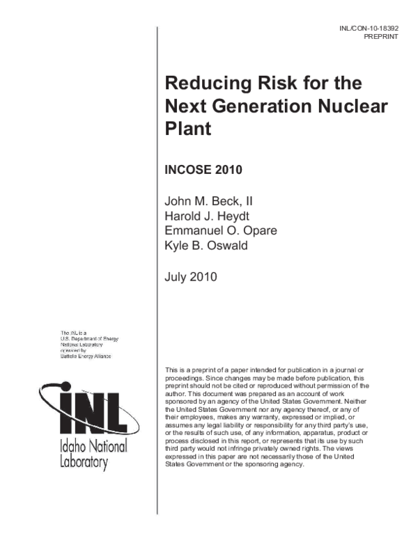 (PDF) 1.4.1 Reducing Risk for the Next Generation Nuclear Plant
