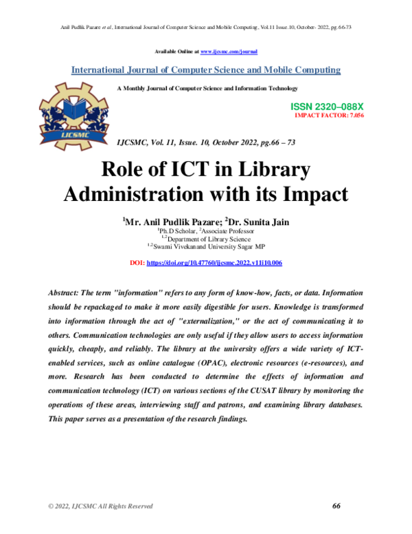(PDF) Role of ICT in Library Administration with its Impact