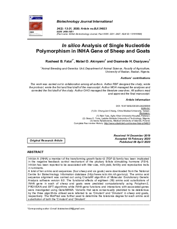 (PDF) In silico Analysis of Single Nucleotide Polymorphism in INHA Gene ...