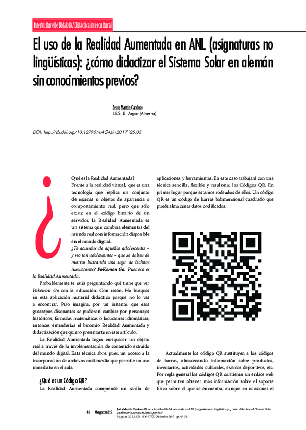El Uso De La Realidad Aumentada en Anl (Asignaturas No Lingüísticas): ¿Cómo Didactizar El Sistema Solar en Alemán Sin Conocimientos Previos?