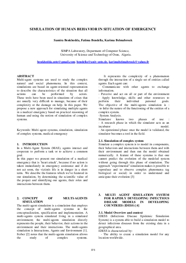(PDF) Simulation of Human Behavior in Situation of Emergency