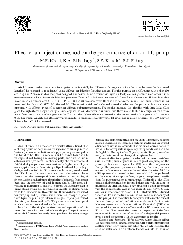 (PDF) Effect of air injection method on the performance of an air lift pump
