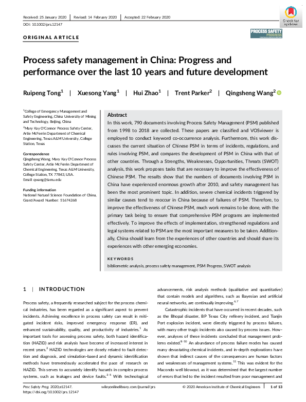 (PDF) Process safety management in China: Progress and performance over ...