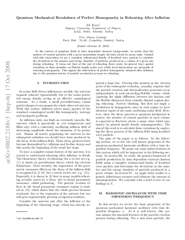 (PDF) Quantummechanical breakdown of perfect homogeneity in reheating after inflation ali