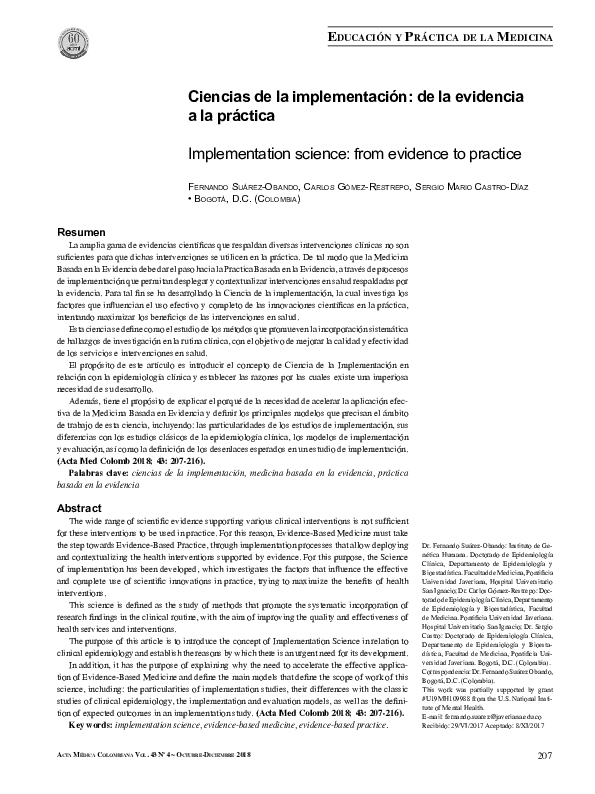 (PDF) Ciencias de la implementación: de la evidencia a la práctica