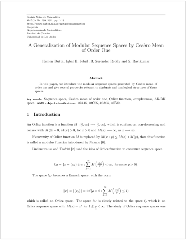 (PDF) A Generalization of Modular Sequence Spaces by Cesàro Mean of ...