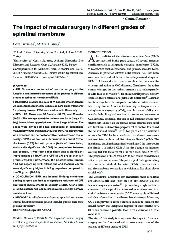 (PDF) The impact of macular surgery in different grades of epiretinal ...