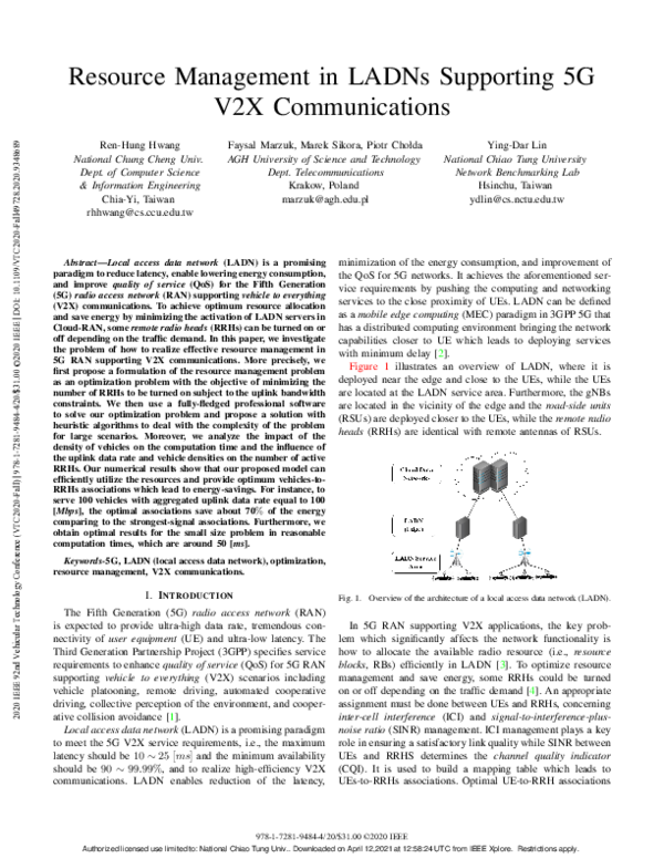 (PDF) Resource Management in LADNs Supporting 5G V2X Communications